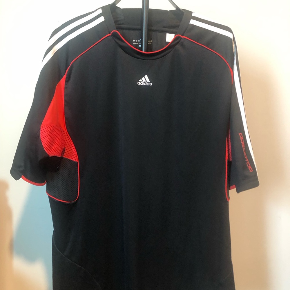 adidas Black Athletic Short-Sleeve Tee with Red Accents and White Stripes